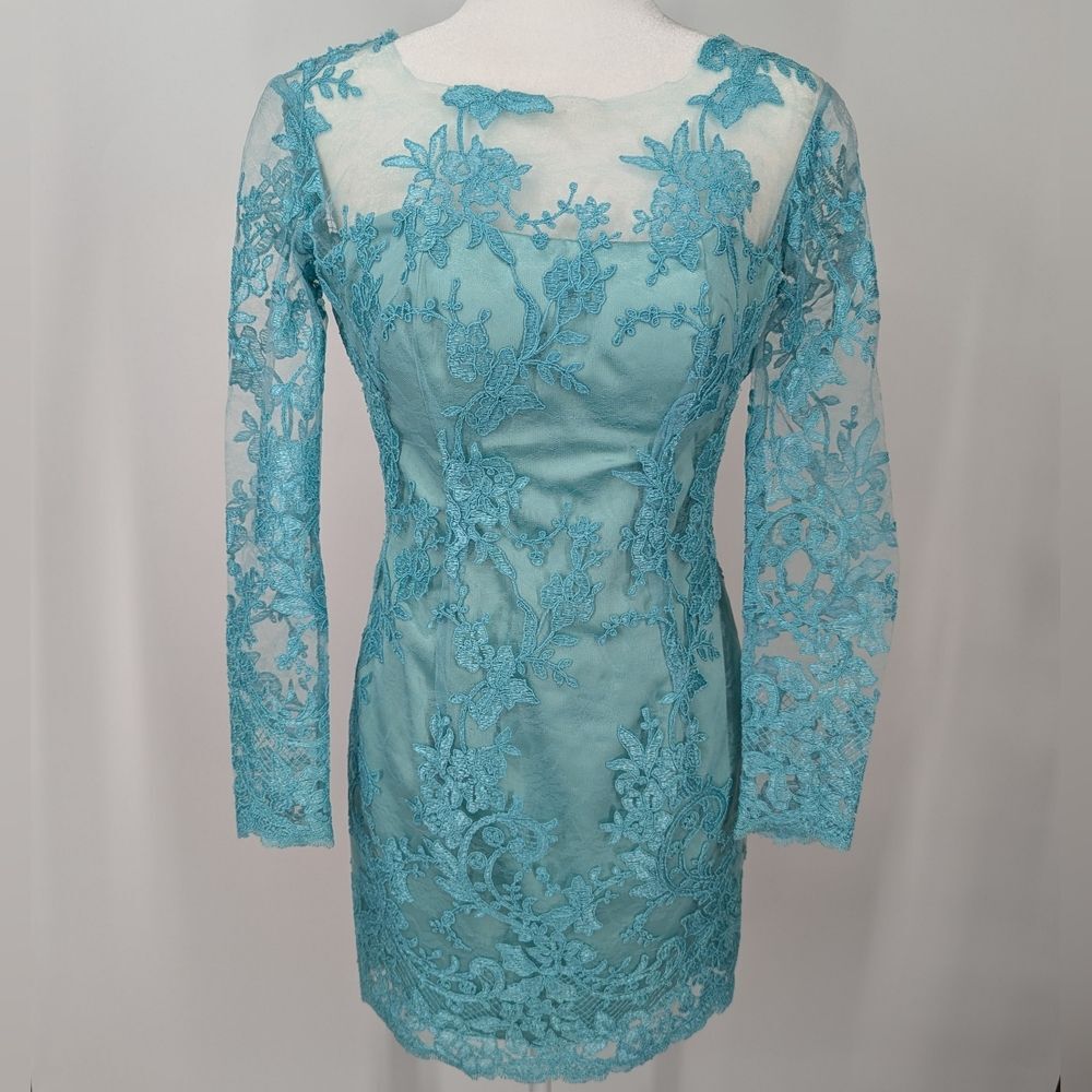 Custom Made Silvia Bevilaqua Blue Floral Lace Long Sleeve Mini Dress Medium
